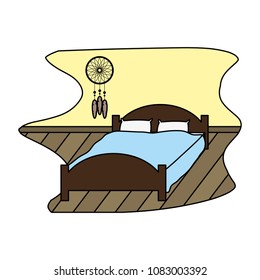 color comfortable bed with pillow object and dream catcher