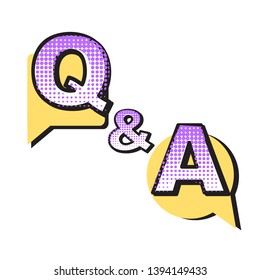 Color comic speech bubble and banner with text 'Q and A' concept vector pop art style. Questions and answers, poll or quiz