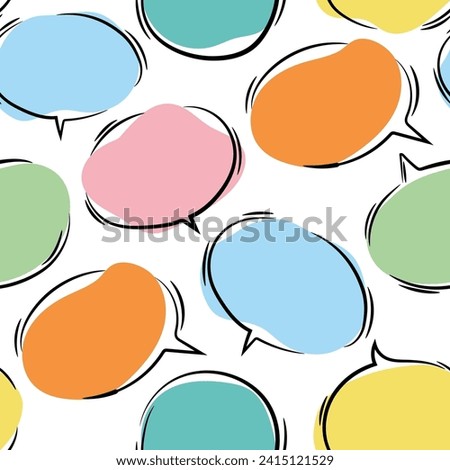 Color comic speech bubbles cute seamless pattern. Bright color spots with black marker frames. Vector doodle bachground.