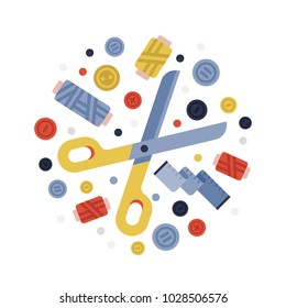 Color composition of objects for sewing, handicraft. Tools and sewing kit, needle, yarn, scissors, sewing pin. Vector flat illustration.