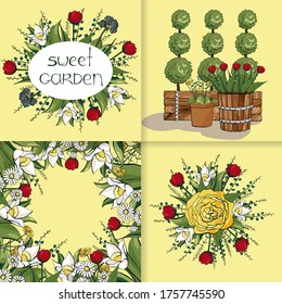 Color composition set with hand-drawn flowers and trees in pots. Vector illustration