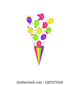 Color composition of vector realistic balloons and Colorful confetti burstisolated on white background. Balloons isolated. For Birthday greeting cards or other designs