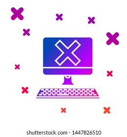Color Computer with keyboard and x mark icon isolated on white background. Error window, exit button, cancel, 404 error page not found concept. Gradient random dynamic shapes. Vector Illustration