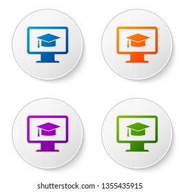 Color Computer monitor with graduation cap icon isolated on white background. Online learning or e-learning concept. Internet knowledge symbol. Set color icon in circle buttons. Vector Illustration