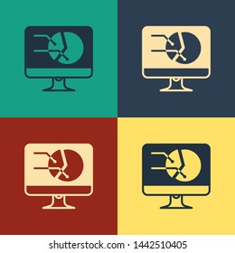 Color Computer monitor with graph chart icon isolated on color background. Report text file icon. Accounting sign. Audit, analysis, planning. Vintage style drawing. Vector Illustration