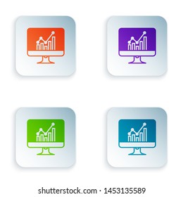 Color Computer monitor with graph chart icon isolated on white background. Report text file icon. Accounting sign. Audit, analysis, planning. Set icons in colorful square buttons. Vector Illustration