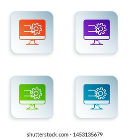 Color Computer monitor with graph chart icon isolated on white background. Report text file icon. Accounting sign. Audit, analysis, planning. Set icons in colorful square buttons. Vector Illustration