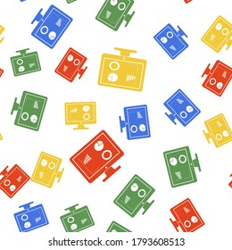 Color Computer monitor with graph chart icon isolated seamless pattern on white background. Report text file icon. Accounting sign. Audit, analysis, planning. Vector.