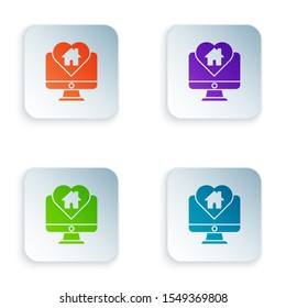 Color Computer monitor with house in heart shape icon isolated on white background. Love home symbol. Family, real estate and realty. Set icons in colorful square buttons. Vector Illustration