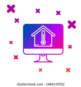 Color Computer monitor with house temperature icon isolated on white background. Thermometer icon. Gradient random dynamic shapes. Vector Illustration
