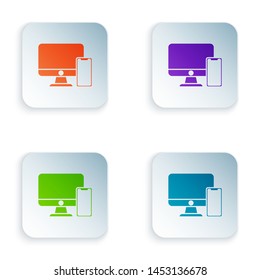 Color Computer monitor and mobile phone icon isolated on white background. Earnings in the Internet, marketing. Set icons in colorful square buttons. Vector Illustration