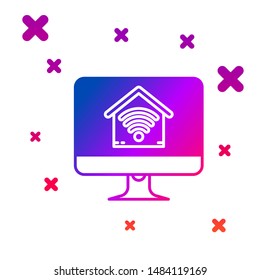 Color Computer monitor with smart home with wi-fi icon isolated on white background. Remote control. Gradient random dynamic shapes. Vector Illustration