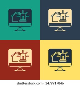 Color Computer monitor with smart house and alarm icon isolated on color background. Security system of smart home. Vintage style drawing. Vector Illustration