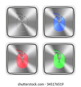 Color computer mouse icons engraved in glossy steel push buttons. Well organized layer structure, color swatches and graphic styles.
