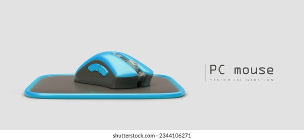 Color computer mouse with mat. Hand device for play and work. Classic computer gadget. Advertising banner with illustration and place for announcement, offer, price