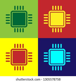 Color Computer processor with microcircuits CPU icon isolated on color backgrounds. Chip or cpu with circuit board sign. Micro processor. Flat design. Vector Illustration