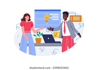 Color concept Business solution with people scene in the flat cartoon design. Business team solved a complex problem that arose during work. Vector illustration.