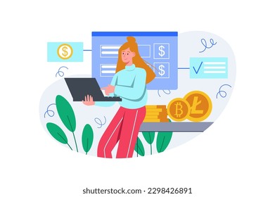 Color concept Cryptocurrency investment with people scene in the flat cartoon design. Woman research cryptocurrency market to invest her money correctly. Vector illustration.