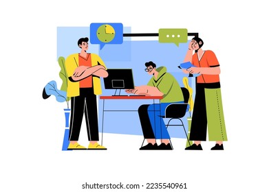 Color concept Deadline with people scene in the flat cartoon style. Team of workers makes every effort to complete the task on time. Vector illustration.