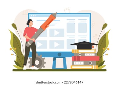 Color concept education with people scene in the flat cartoon style. Girl is homeschooled and gets an online education. Vector illustration.