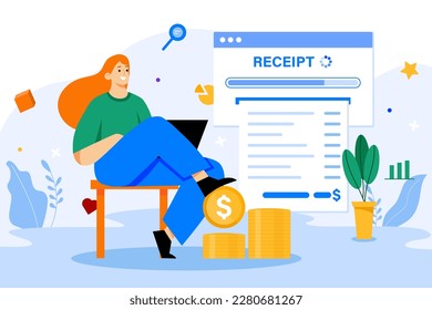 Color concept electronic receipt with people scene in the flat cartoon design. Woman pays online receipt sitting at home. Vector illustration.