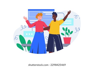 Color concept Happy people standing together with people scene in the flat cartoon style. Two friends have fun together. Vector illustration.