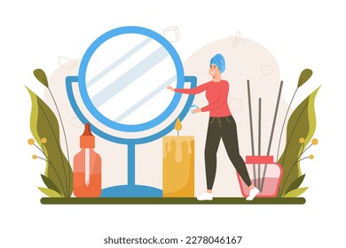 Color concept spa salon with people scene in the flat cartoon design. Woman decided to go to the spa salon to have a beauty procedure. Vector illustration.