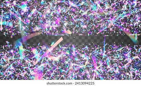 Color Confetti. Glare Sparkle. Pink Laser Background. Art Holographic Illustration. Isolated Flag. Hologram Ribbon. Falling Paper. Neon Glitter. Purple Color Confetti