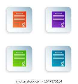 Color Confirmed document and check mark icon isolated on white background. Checklist icon. Business concept. Set icons in colorful square buttons. Vector Illustration