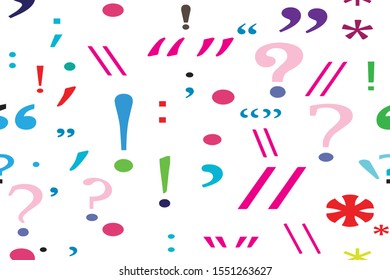 Color confusion seamless pattern with question mark different colors punctuation marks isolated white background