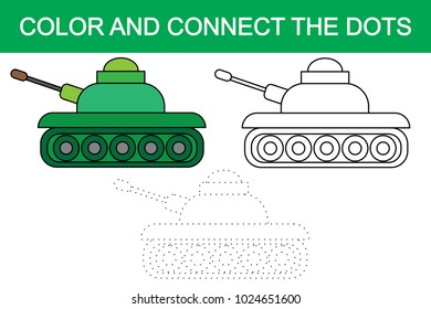 Color and connect the dots of image of cartoon tank (transport). Vector