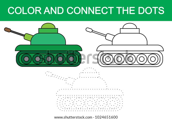 Color and connect the dots of image of cartoon\
tank (transport). Vector