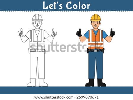 Color the construction worker wearing a safety vest and hard hat, giving a thumbs up. Fun printable worksheet for kids.
