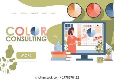 Color consulting vector flat landing page template. Young pretty woman showing paint or color templates, presenting design project. Creative worker in design studio advising color choosing tips.