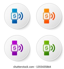 Color Contactless payment icon isolated on white background. Smartwatch with nfc technology making wireless contactless transactions. Set color icon in circle buttons. Vector Illustration