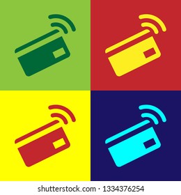 Color Contactless payment with nfc card icon isolated on color backgrounds. Card with radio wave sign. Credit card payment. Flat design. Vector Illustration