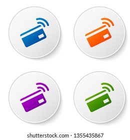 Color Contactless payment with nfc card icon isolated on white background. Card with radio wave sign. Credit card payment. Set color icon in circle buttons. Vector Illustration