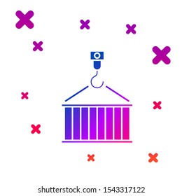 Color Container on crane icon isolated on white background. Crane lifts a container with cargo. Gradient random dynamic shapes. Vector Illustration