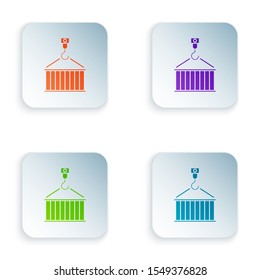 Color Container on crane icon isolated on white background. Crane lifts a container with cargo. Set icons in colorful square buttons. Vector Illustration