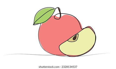 Color continuous line Apple. Vector one line art illustration on white. Whole fruit and a half. Grocery label, Health food concept. Design art for package, logo, t-shirt, Shopping bag. Eco and organic