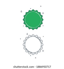 Color and contour flat illustration with a bottle cap on a white background. Two kinds of images. Green cover metal cork. Isolated element. Line art design. Top view. Outline a drink object. Vector.