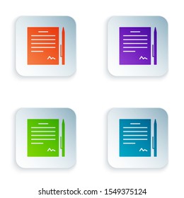 Color Contract with pen icon isolated on white background. File icon. Checklist icon. Business concept. Set icons in colorful square buttons. Vector Illustration