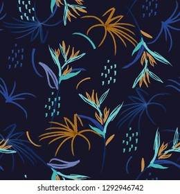 Color contrast Hand drawn art illustration  Artistic abstract watercolor brush seamless pattern. Hand drawn sketch tropical bird of paradise palm leaves, texture, splatter, brush strokes on black