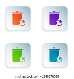 Color Cooking pot and kitchen timer icon isolated on white background. Boil or stew food symbol. Set icons in colorful square buttons. Vector Illustration