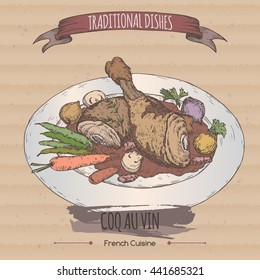 Color coq au vin aka chicken in wine vector sketch placed on cardboard background. Traditional dishes series. French cuisine. Great for restaurant, cafe, menu, recipe books, food label design.