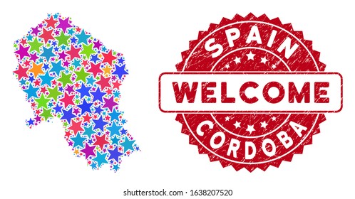 Color Cordoba Spanish Province map collage of stars, and distress round red WELCOME seal. Abstract territorial plan in bright color hues.