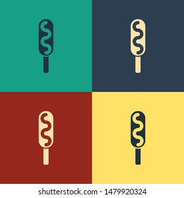Color Corn dog icon isolated on color background. Traditional american fast food. Vintage style drawing. Vector Illustration