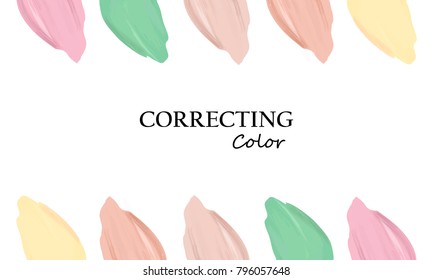 Color correcting. Color of the masking smear for the face. Cosmetic liquid cream base in smears of different colors. Spray makeup, isolated on white background with place for your text.