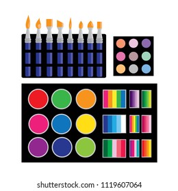  Color cosmetics and brushes for face painting and body art. vector illustration