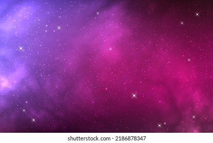Color Cosmos Texture. Magic Purple Wallpaper With Stars. Bright Universe And Shining Nebula. Pink Starry Background. Infinite Stardust Effect. Vector Illustration.